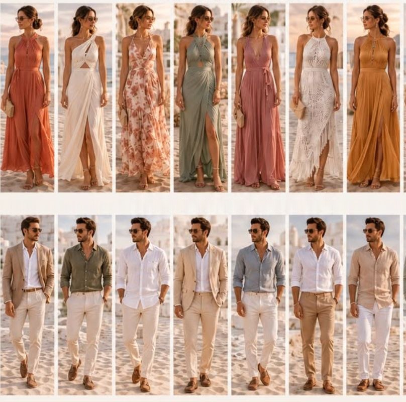 Inspiration dress code : robes longues fluides dans des tons naturels, tenues en lin claires pour les hommes